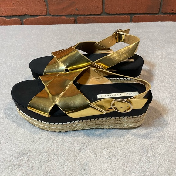 Zara Trafaluc  Women’s‎ Wedge Gold Black Size Eur 39 Us 8.5/9 - Picture 4 of 6